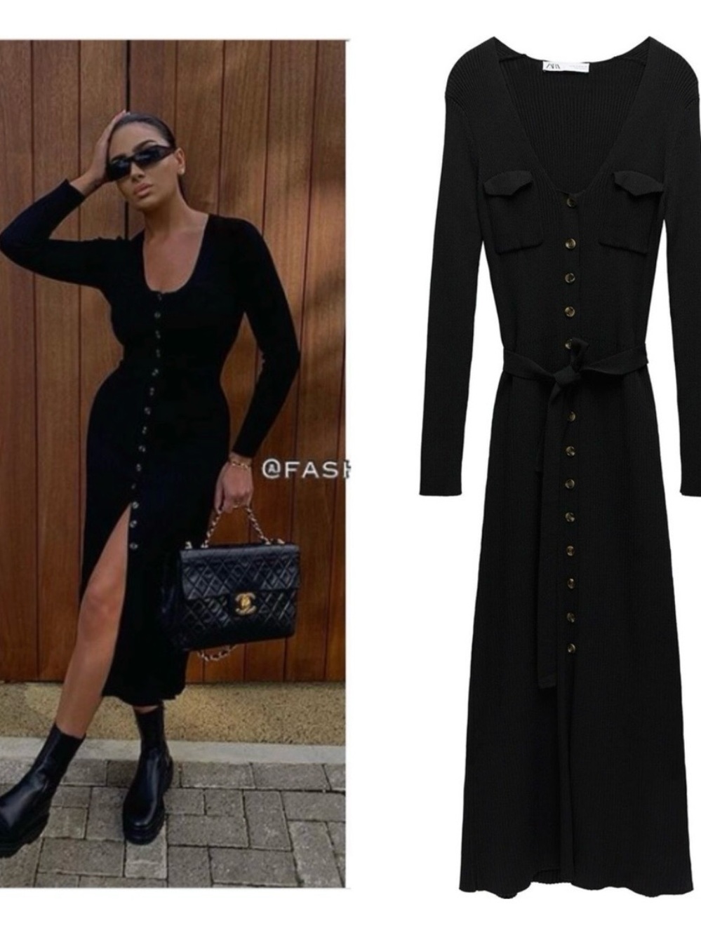 Black Long-Sleeve Button-Front Knit Dress